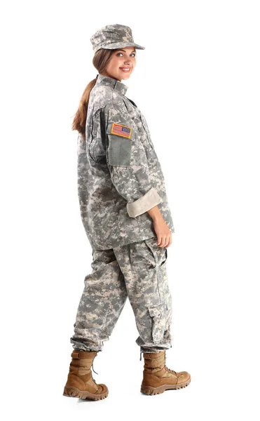 Ung kvinnlig soldat på vit bakgrund — Stockfoto