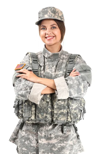 Молода жінка-солдат на білому тлі — стокове фото