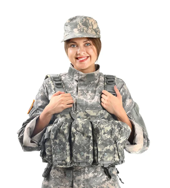 Young female soldier on white background — Stock Photo, Image