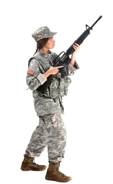 Young female soldier on white background — Stock Photo, Image