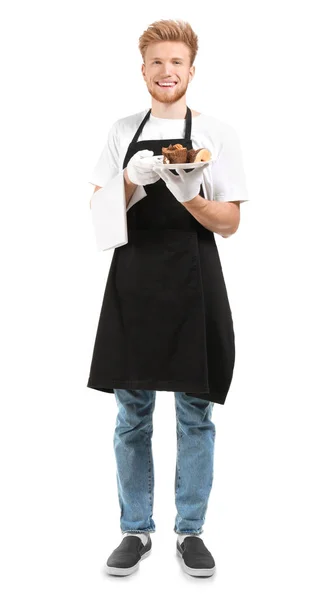 Pohledný číšník s dezertem na bílém pozadí — Stock fotografie