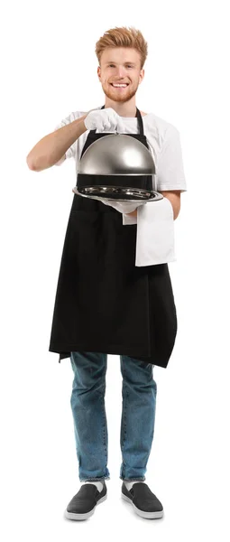 Handsome waiter with empty tray and cloche on white background — Stock Photo, Image