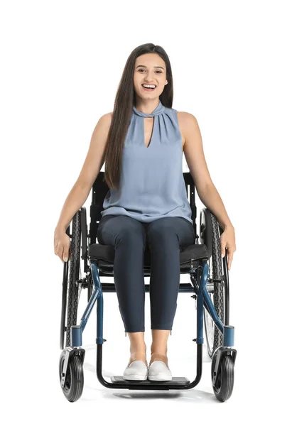 Beautiful businesswoman in wheelchair on white background — Stock Photo, Image