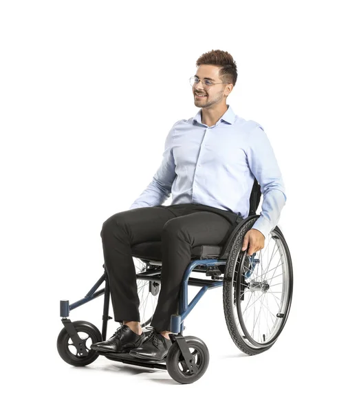 Hombre de negocios guapo en silla de ruedas sobre fondo blanco — Foto de Stock