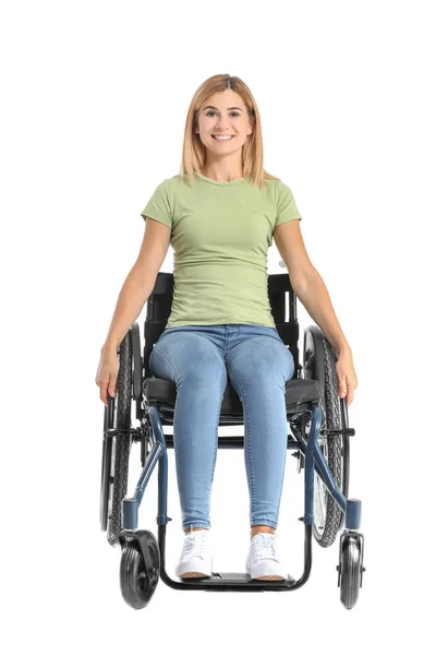 Beautiful woman in wheelchair on white background — Stock Photo, Image