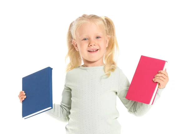 Schattig klein meisje met boeken op witte achtergrond — Stockfoto