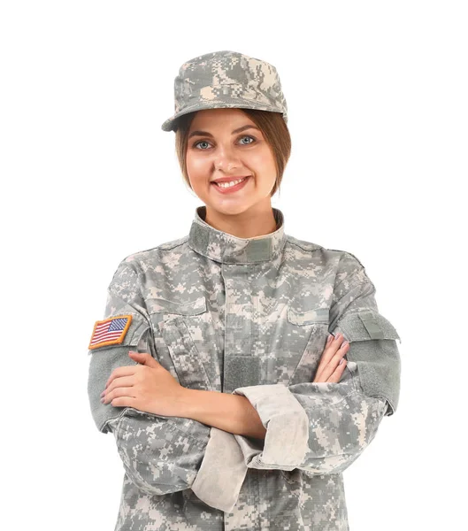 Young female soldier on white background Stock Picture