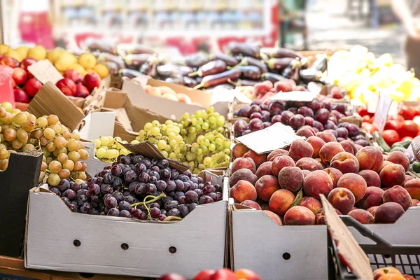 Surtido de frutas frescas en mostrador en el mercado — Foto de Stock