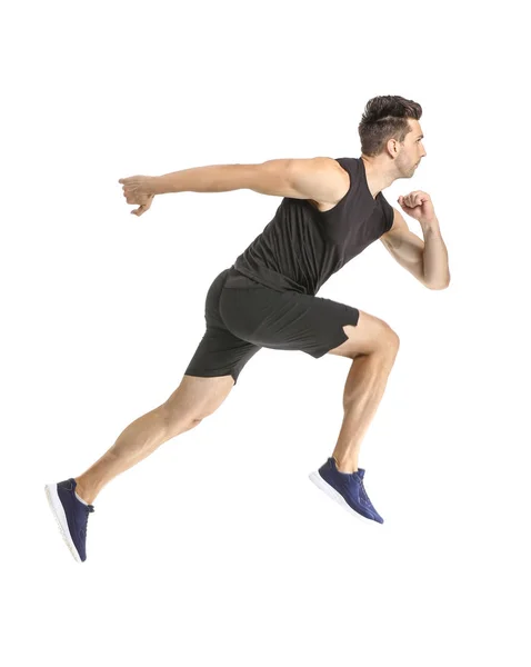 Correndo desportivo homem no fundo branco — Fotografia de Stock