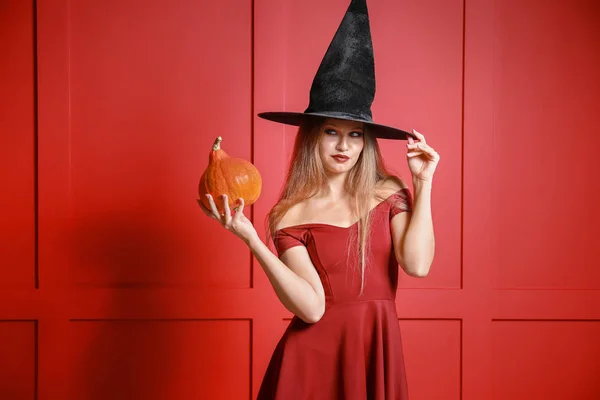 Красивая женщина, одетая как ведьма на Хэллоуин на цветном фоне — стоковое фото