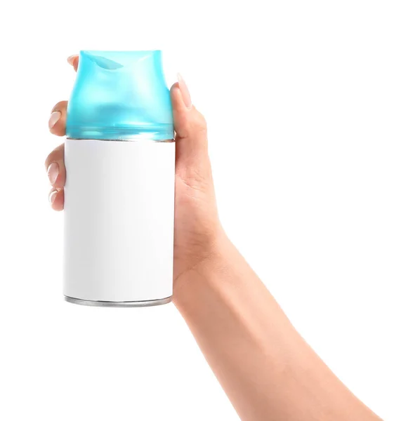 Vrouwelijke hand met fles luchtverfrisser op witte achtergrond — Stockfoto