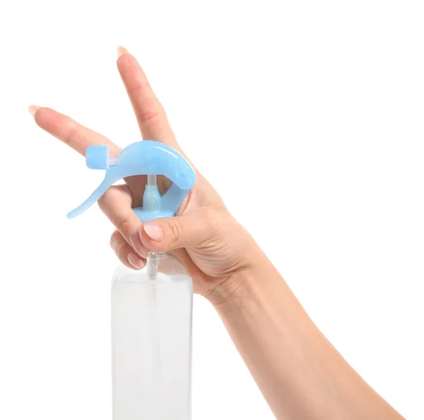 Mâna feminină cu sticlă de odorizant de aer pe fundal alb — Fotografie, imagine de stoc