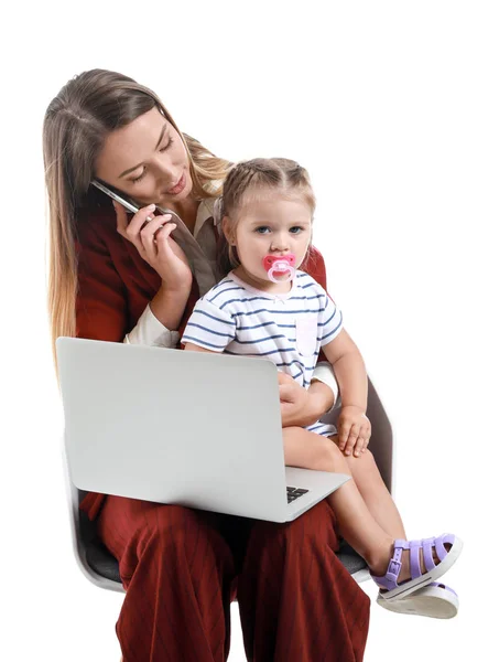 Working mother with little daughter on white background — Stock Photo, Image