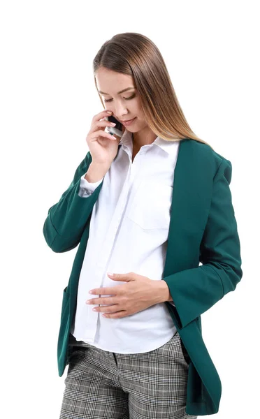 Terhes üzletasszony beszélő mellett mozgatható telefon-ra fehér háttér — Stock Fotó