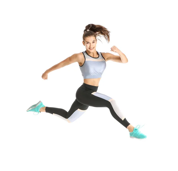 Running sporty woman on white background — Stock Photo, Image