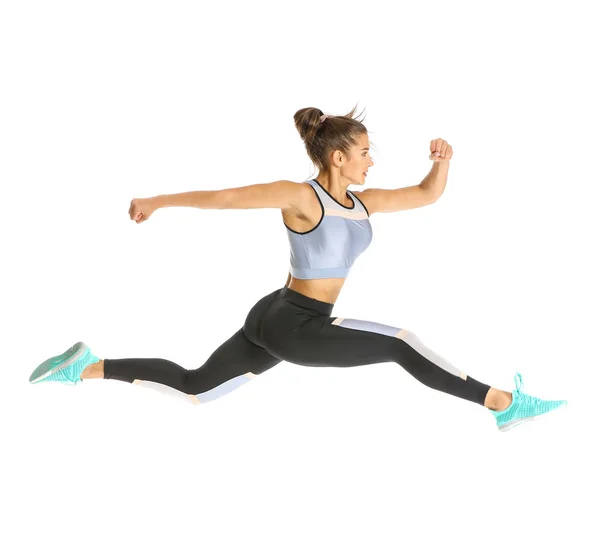 Running sporty woman on white background — Stock Photo, Image