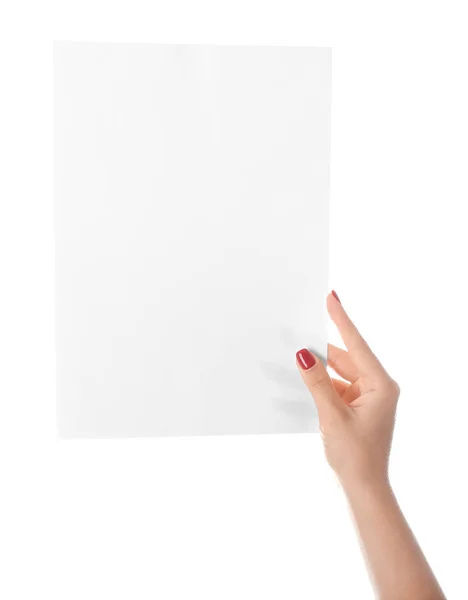 Female hand with empty sheet of paper on white background — Stock Photo, Image