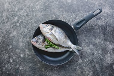 Gri arka planda tavada taze dorado balık