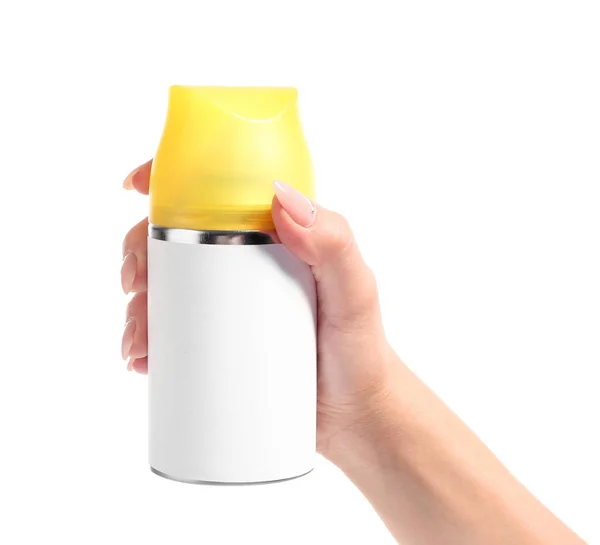 Female hand with bottle of air freshener on white background — Stock Photo, Image