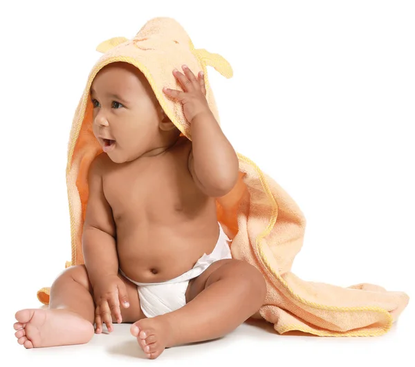 Cute African-American baby with soft towel on white background — Stock Photo, Image