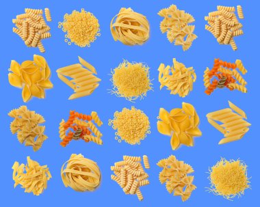 Renk arka plan üzerinde pişmemiş makarna çeşitleri