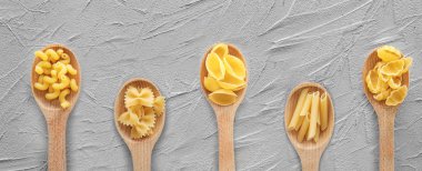 Tahta kaşıklar gri tablo farklı pişmemiş makarna ile