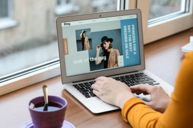 Kadın moda blogger çalışma üzerinde laptop yakın pencere
