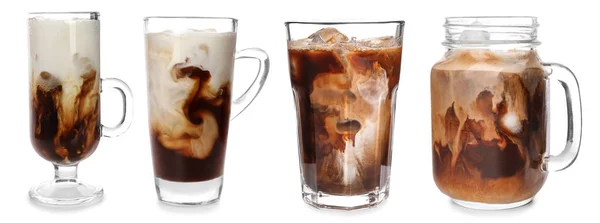 Glassware of cold coffee with milk on white background — Stock Photo, Image