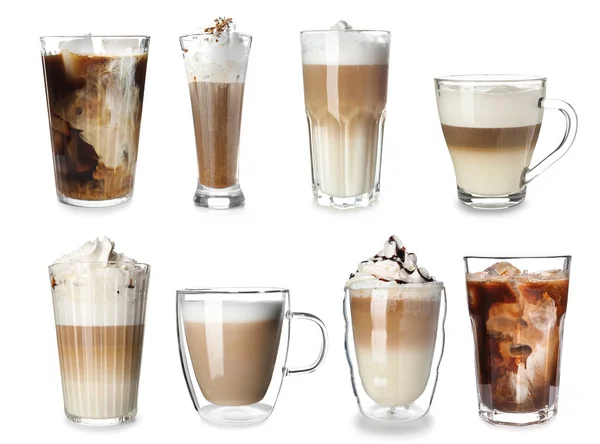 Set of delicious coffee drinks on white background — Stock Photo, Image