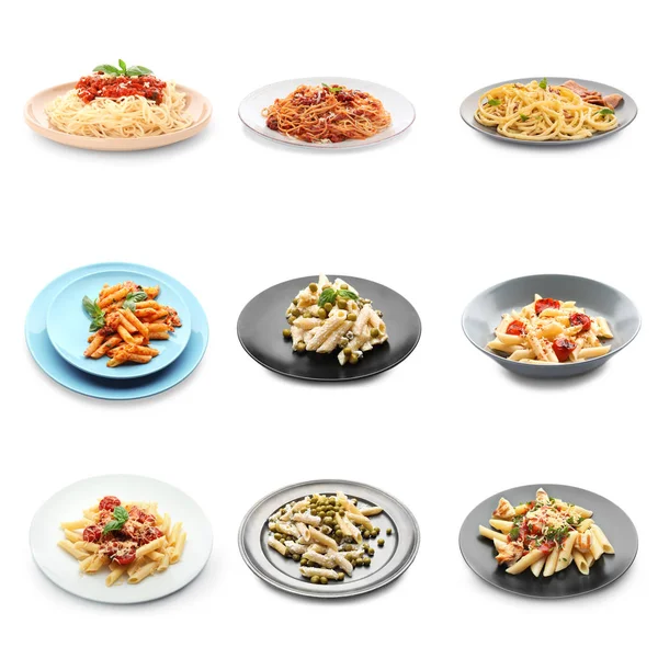 Verschiedene leckere Pasta auf weißem Hintergrund — Stockfoto