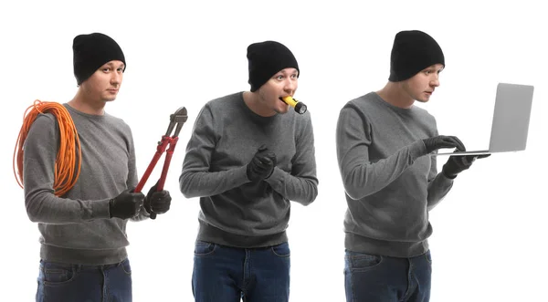 Colagem com ladrão masculino no fundo branco — Fotografia de Stock