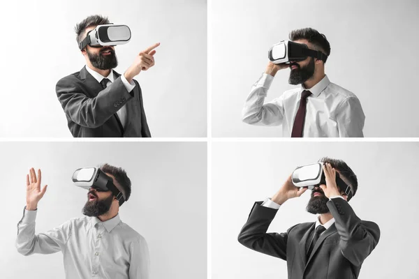 Fotos mit einem bärtigen Geschäftsmann, der eine Virtual-Reality-Brille auf weißem Hintergrund trägt — Stockfoto