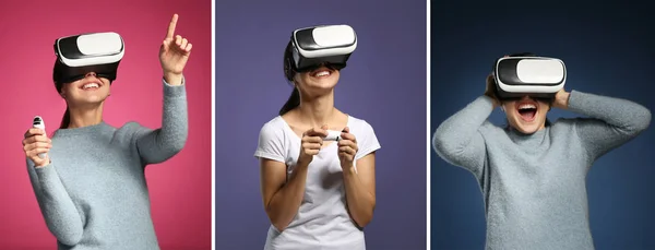 Eine Reihe von Fotos mit jungen Frauen, die Virtual-Reality-Brillen auf farbigem Hintergrund tragen — Stockfoto