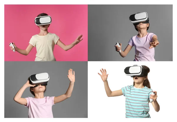 Reihe von Fotos mit kleinen Mädchen mit Virtual-Reality-Brille — Stockfoto