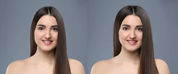 Hermosa mujer joven antes y después del tratamiento del cabello sobre fondo gris —  Fotos de Stock
