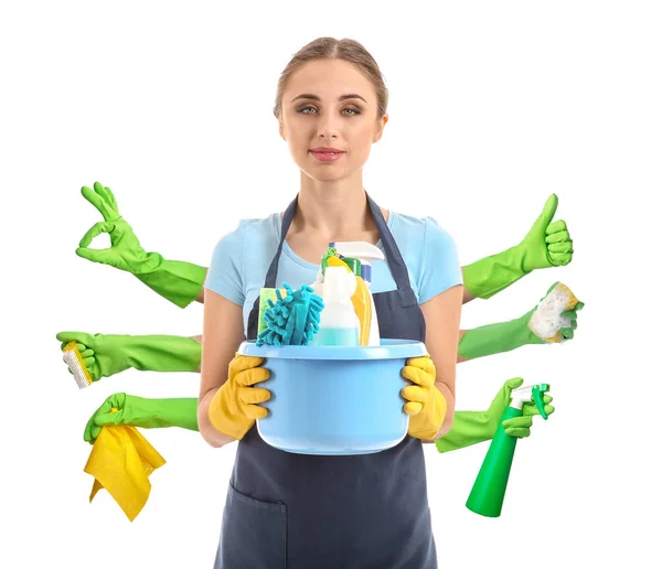 Nő tisztító-val sok kezek-ra fehér háttér — Stock Fotó