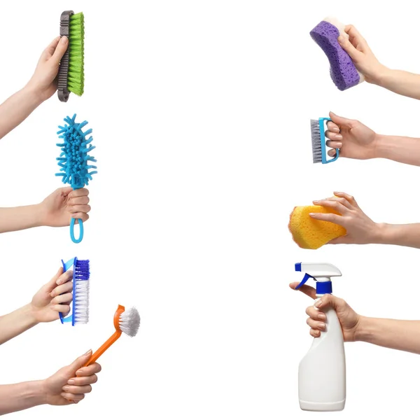 Female hands with cleaning supplies on white background — Stock Photo, Image