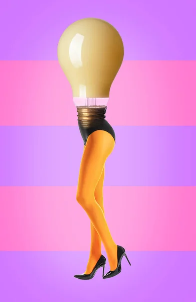 Light bulb with female body on color background