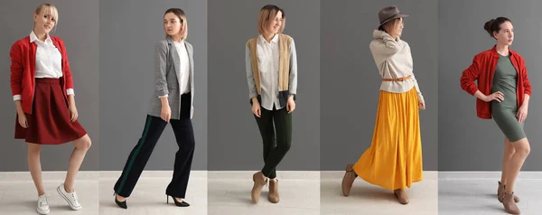 Kollektion von Modefotos mit jungen Models in stylischer Kleidung — Stockfoto