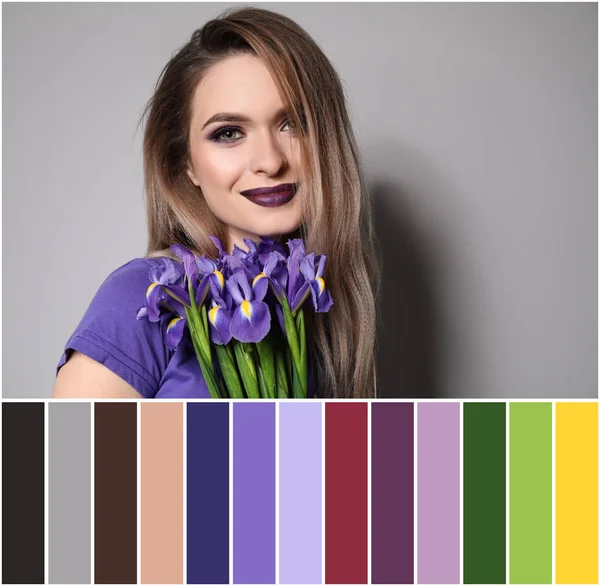 Color palette with beautiful woman holding bouquet of flowers on grey background