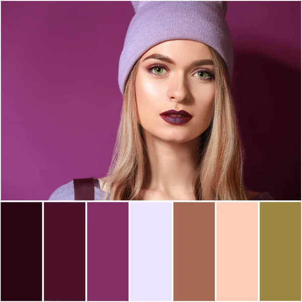 Color palette with fashionable young woman on violet background