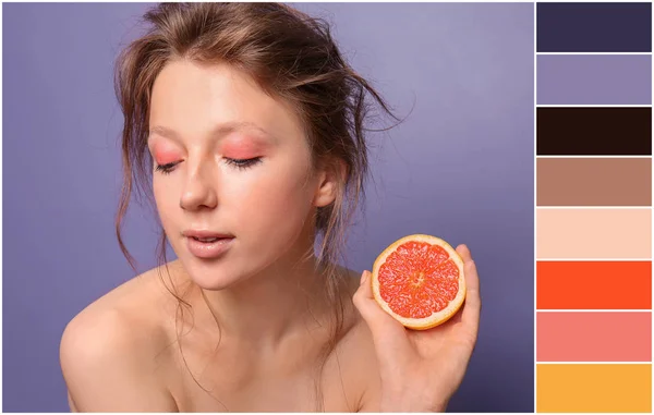 Color palette with beautiful young woman on violet background