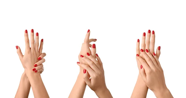 Mãos femininas com manicure no fundo branco — Fotografia de Stock