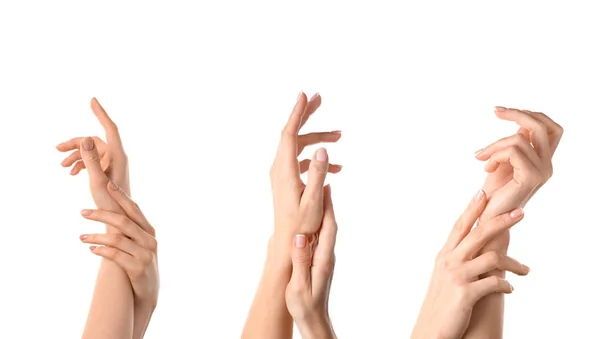 Mãos femininas sobre fundo branco — Fotografia de Stock