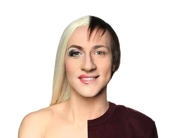 Jovem transexual homem após e antes da transformação em fundo branco — Fotografia de Stock