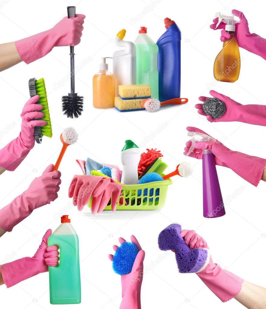 Hands in gloves with cleaning supplies on white background