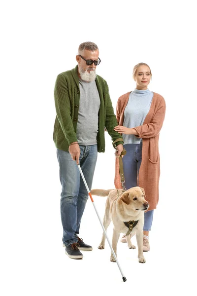 Blind mature man with daughter and guide dog on white background — Stock Photo, Image