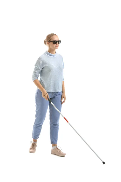 Young blind woman on white background — Stock Photo, Image