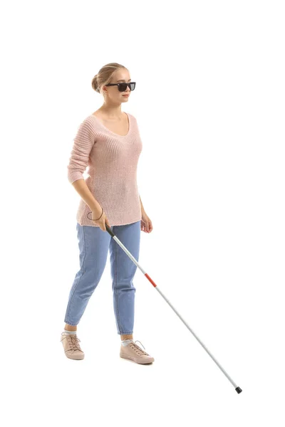 Young blind woman on white background — Stock Photo, Image