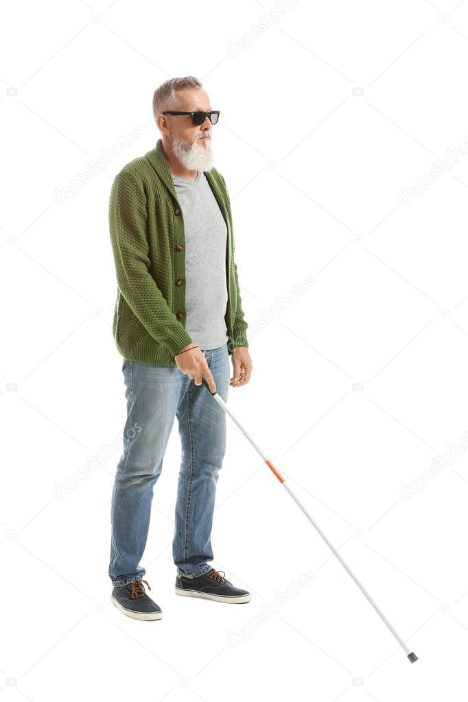 Blind mature man on white background